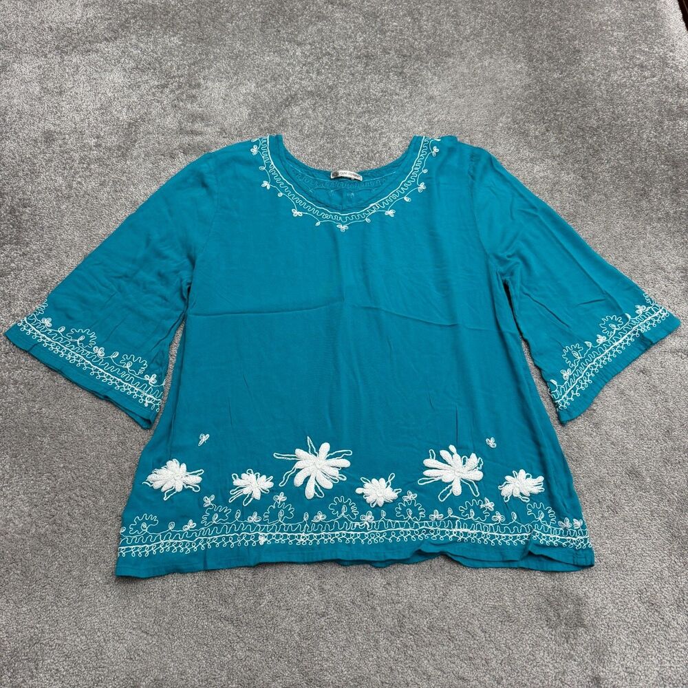Cute Options Tunic Blouse Women XL Blue Rayon Boho Embroidered Bell Sleeve Flowy